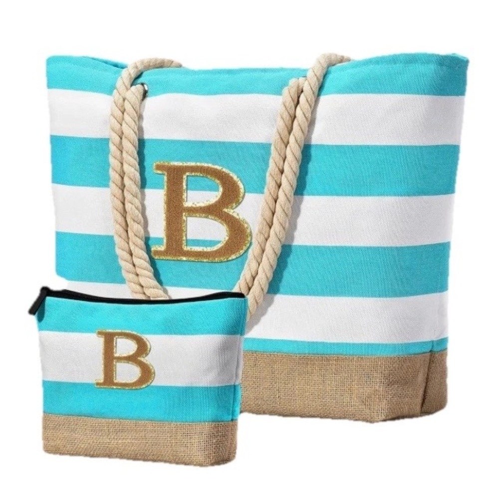 Cyan Blue Beach Tote Bag Women Waterproof Canvas & Makeup Bag Jute Initial “B”